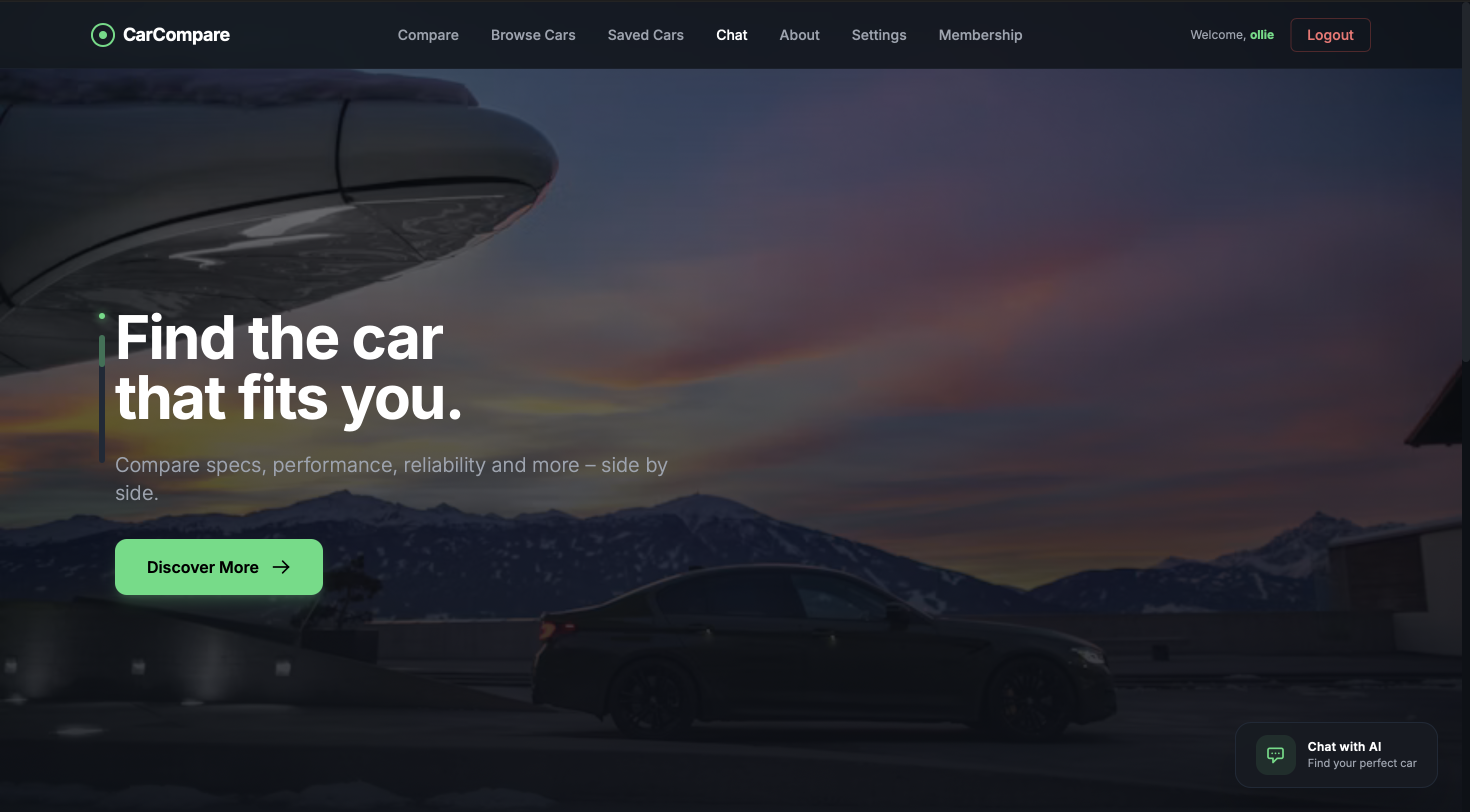 CarCompare website: a dark saloon at dusk under the headline 'Find the car that fits you'