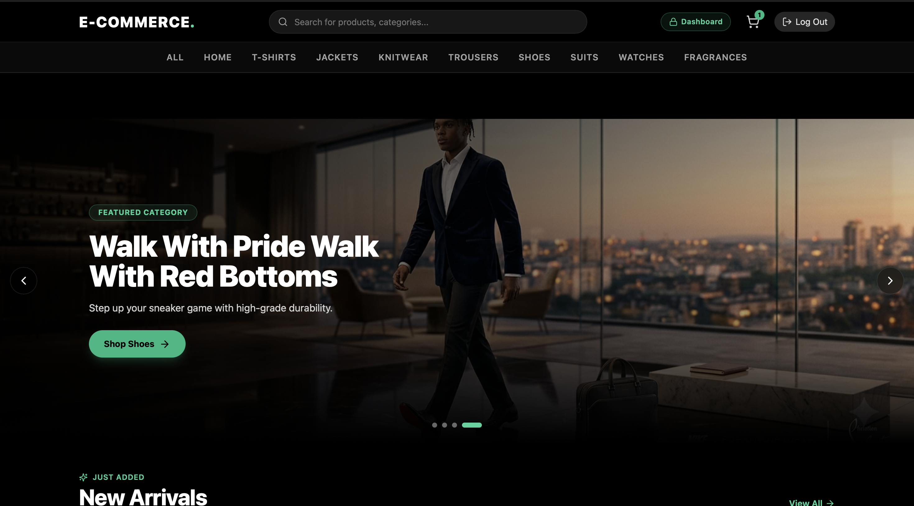 Menswear online store: a man in a navy suit walking through a city penthouse, headline 'Walk with pride'
