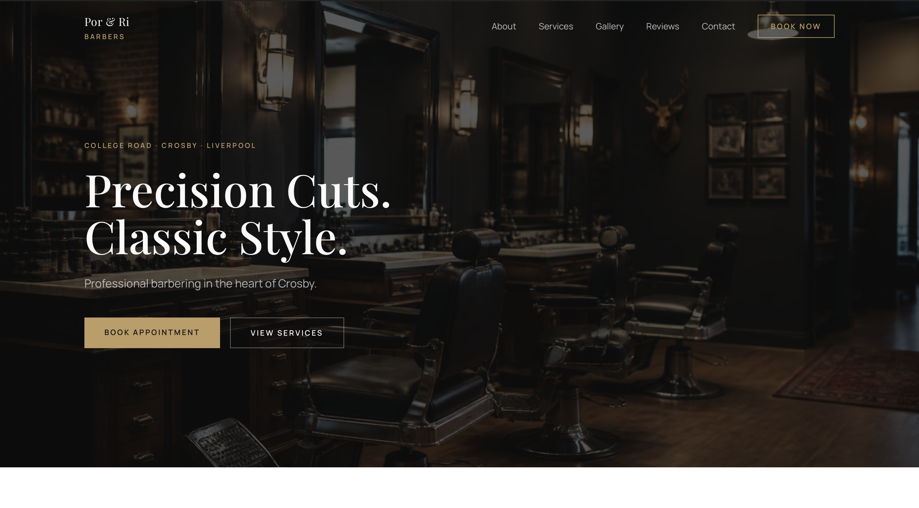 Por & Ri Barbers website: dark, lamp-lit barbershop under the headline 'Precision cuts. Classic style.'