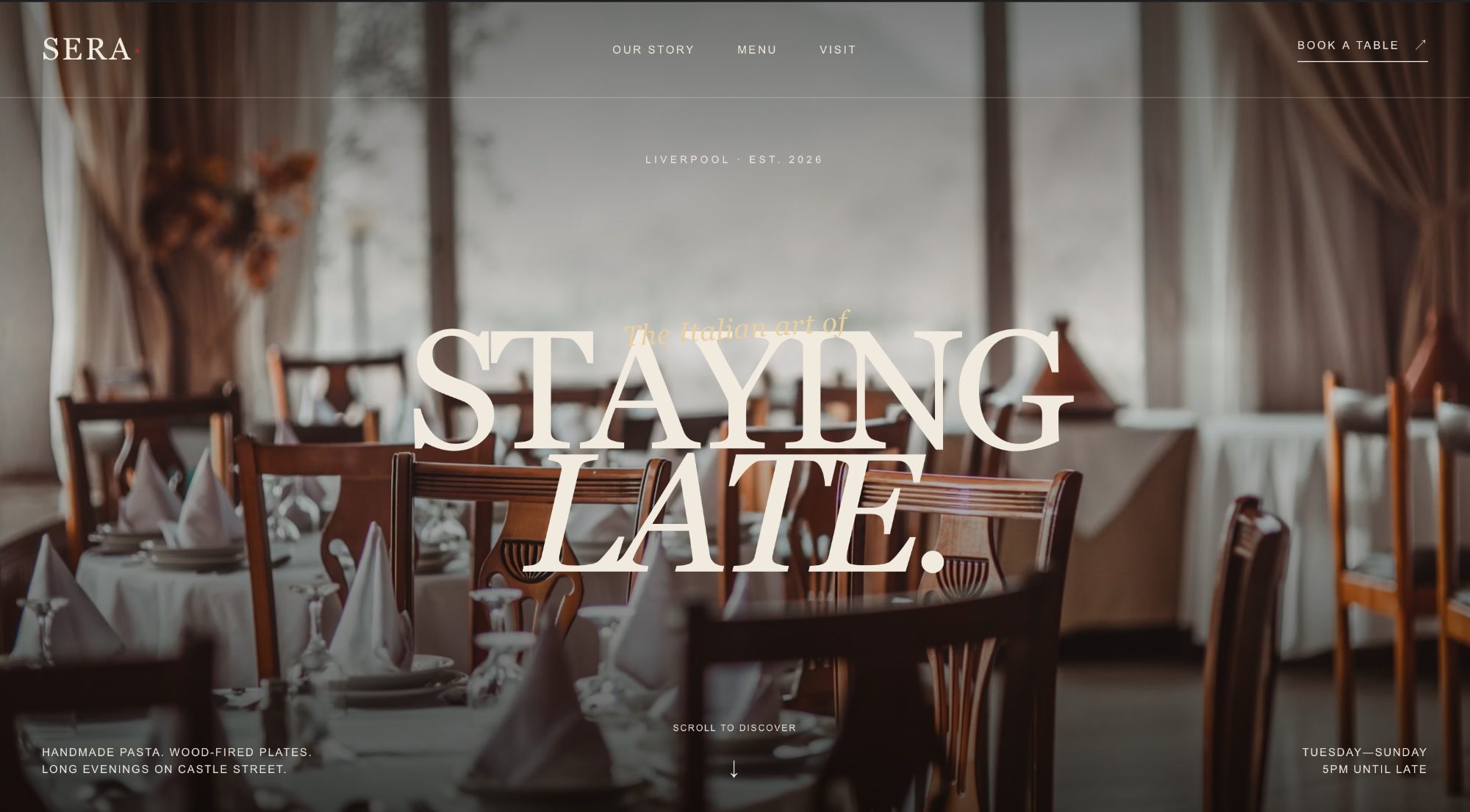 SERA restaurant website: candlelit dining room under the headline 'The Italian art of staying late'